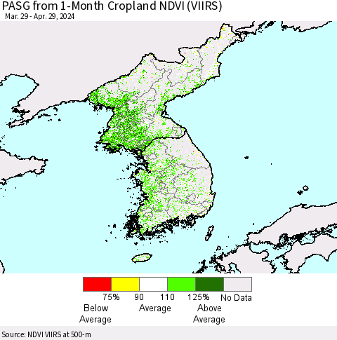 Korea PASG from 1-Month Cropland NDVI (VIIRS) Thematic Map For 4/22/2024 - 4/29/2024