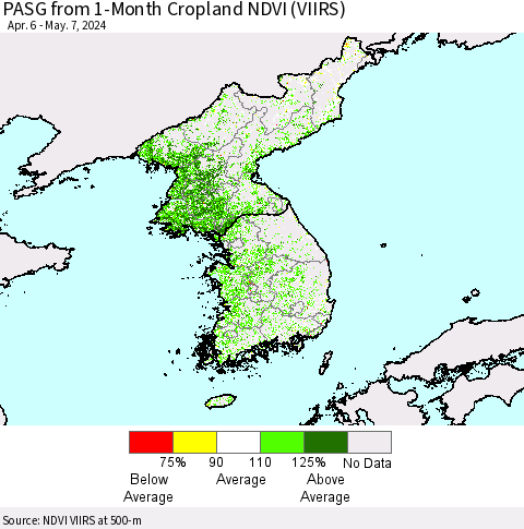 Korea PASG from 1-Month Cropland NDVI (VIIRS) Thematic Map For 4/30/2024 - 5/7/2024