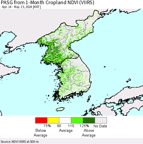 Korea PASG from 1-Month Cropland NDVI (VIIRS) Thematic Map For 5/8/2024 - 5/15/2024