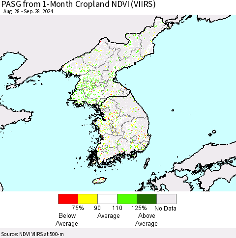 Korea PASG from 1-Month Cropland NDVI (VIIRS) Thematic Map For 9/21/2024 - 9/28/2024