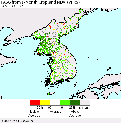 Korea PASG from 1-Month Cropland NDVI (VIIRS) Thematic Map For 1/25/2025 - 2/1/2025