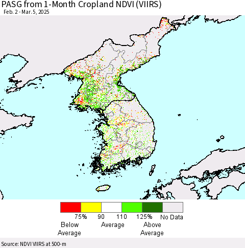 Korea PASG from 1-Month Cropland NDVI (VIIRS) Thematic Map For 2/26/2025 - 3/5/2025
