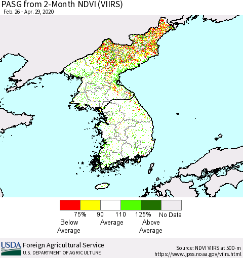 Korea PASG from 2-Month NDVI (VIIRS) Thematic Map For 4/21/2020 - 4/30/2020