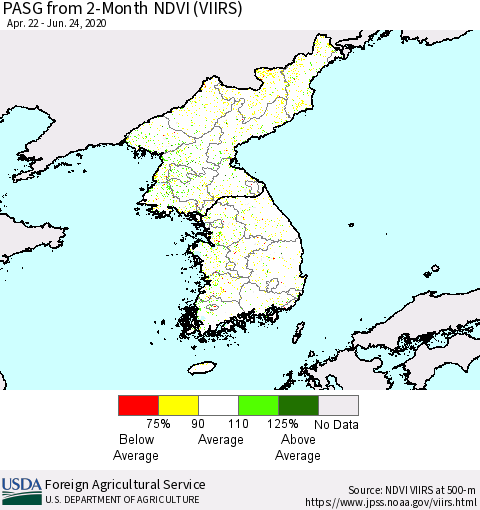Korea PASG from 2-Month NDVI (VIIRS) Thematic Map For 6/21/2020 - 6/30/2020