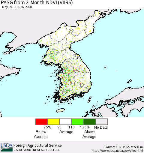 Korea PASG from 2-Month NDVI (VIIRS) Thematic Map For 7/21/2020 - 7/31/2020