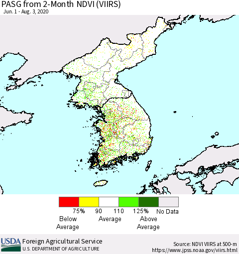 Korea PASG from 2-Month NDVI (VIIRS) Thematic Map For 8/1/2020 - 8/10/2020