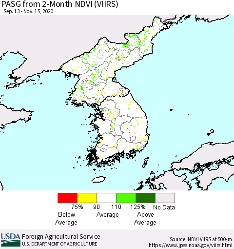 Korea PASG from 2-Month NDVI (VIIRS) Thematic Map For 11/11/2020 - 11/20/2020