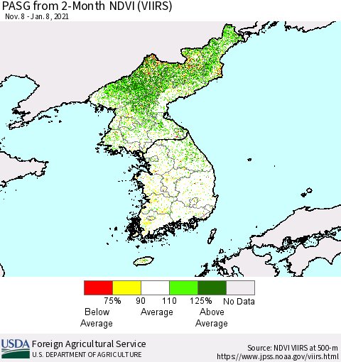 Korea PASG from 2-Month NDVI (VIIRS) Thematic Map For 1/1/2021 - 1/10/2021