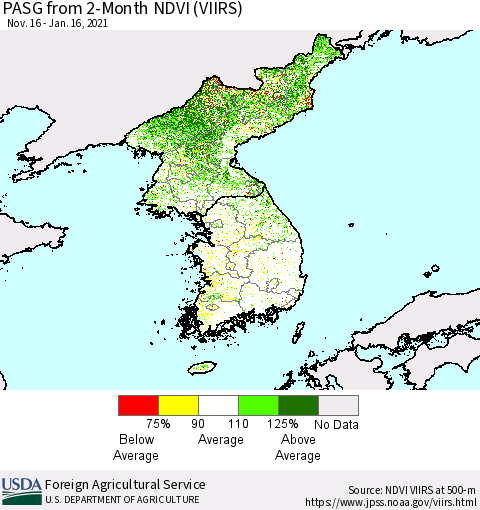 Korea PASG from 2-Month NDVI (VIIRS) Thematic Map For 1/11/2021 - 1/20/2021