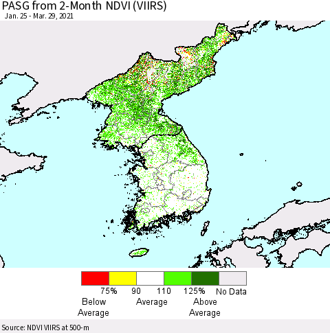 Korea PASG from 2-Month NDVI (VIIRS) Thematic Map For 3/22/2021 - 3/29/2021