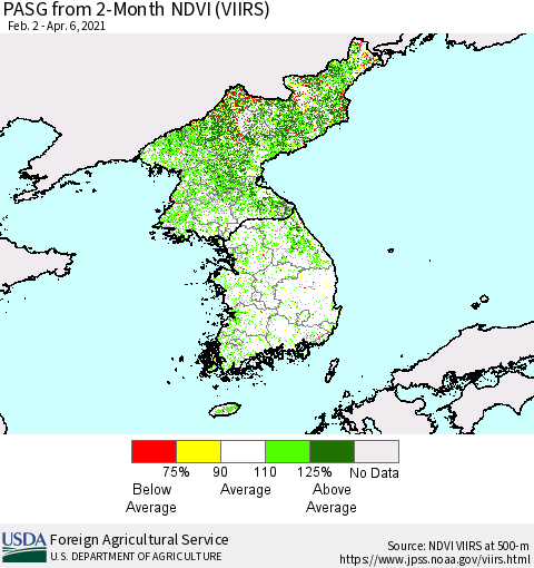 Korea PASG from 2-Month NDVI (VIIRS) Thematic Map For 4/1/2021 - 4/10/2021
