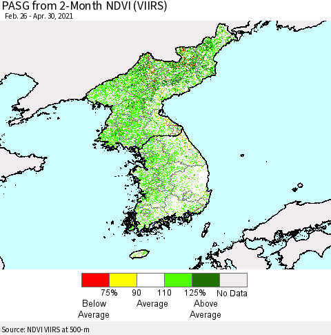 Korea PASG from 2-Month NDVI (VIIRS) Thematic Map For 4/21/2021 - 4/30/2021