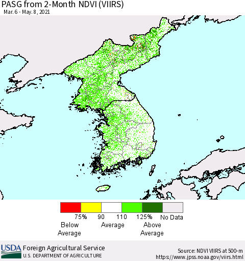 Korea PASG from 2-Month NDVI (VIIRS) Thematic Map For 5/1/2021 - 5/10/2021