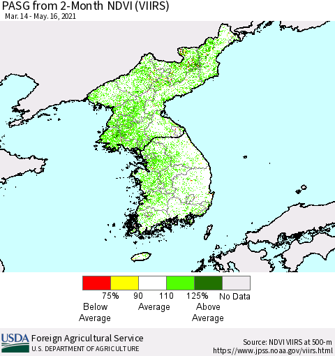 Korea PASG from 2-Month NDVI (VIIRS) Thematic Map For 5/11/2021 - 5/20/2021