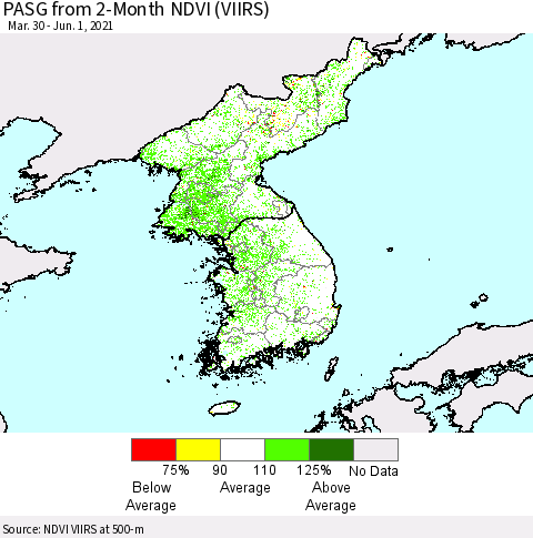 Korea PASG from 2-Month NDVI (VIIRS) Thematic Map For 5/25/2021 - 6/1/2021