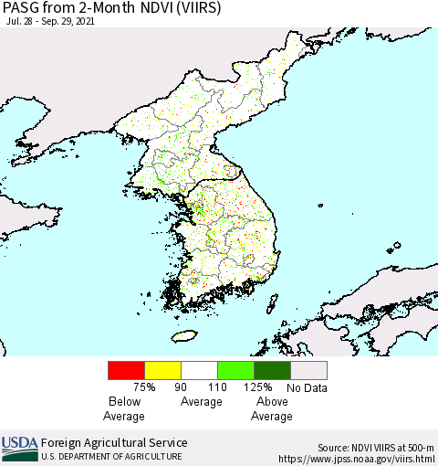 Korea PASG from 2-Month NDVI (VIIRS) Thematic Map For 9/21/2021 - 9/30/2021