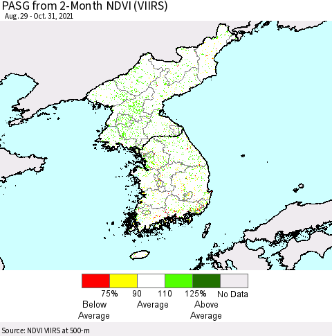 Korea PASG from 2-Month NDVI (VIIRS) Thematic Map For 10/21/2021 - 10/31/2021