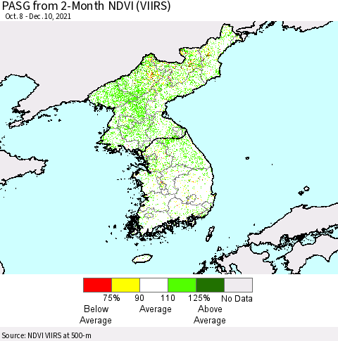 Korea PASG from 2-Month NDVI (VIIRS) Thematic Map For 12/1/2021 - 12/10/2021