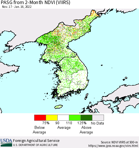 Korea PASG from 2-Month NDVI (VIIRS) Thematic Map For 1/11/2022 - 1/20/2022