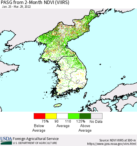Korea PASG from 2-Month NDVI (VIIRS) Thematic Map For 3/21/2022 - 3/31/2022