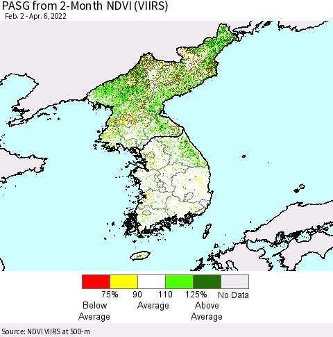 Korea PASG from 2-Month NDVI (VIIRS) Thematic Map For 3/30/2022 - 4/6/2022