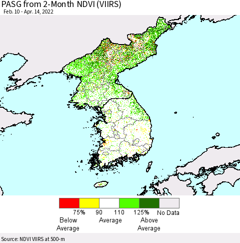 Korea PASG from 2-Month NDVI (VIIRS) Thematic Map For 4/7/2022 - 4/14/2022