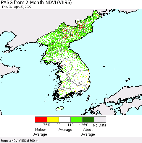 Korea PASG from 2-Month NDVI (VIIRS) Thematic Map For 4/21/2022 - 4/30/2022