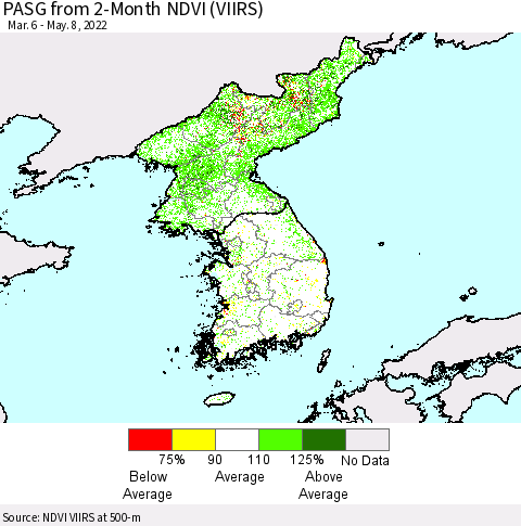 Korea PASG from 2-Month NDVI (VIIRS) Thematic Map For 5/1/2022 - 5/8/2022