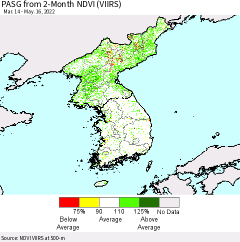Korea PASG from 2-Month NDVI (VIIRS) Thematic Map For 5/9/2022 - 5/16/2022