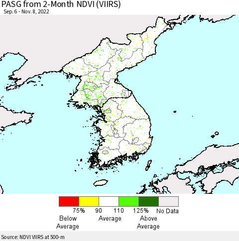 Korea PASG from 2-Month NDVI (VIIRS) Thematic Map For 11/1/2022 - 11/8/2022