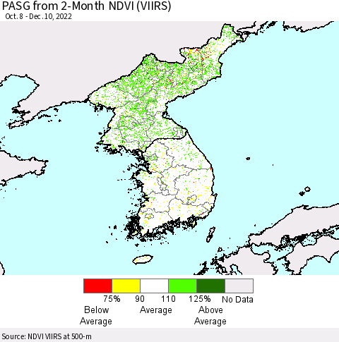 Korea PASG from 2-Month NDVI (VIIRS) Thematic Map For 12/1/2022 - 12/10/2022