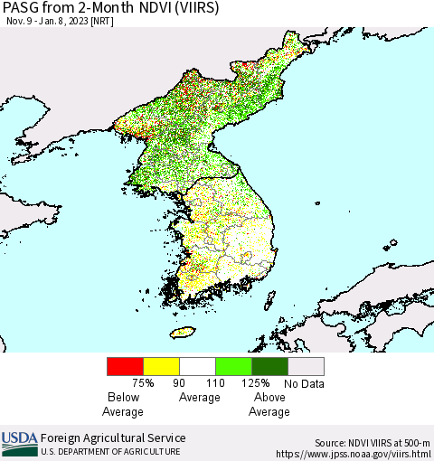 Korea PASG from 2-Month NDVI (VIIRS) Thematic Map For 1/1/2023 - 1/10/2023