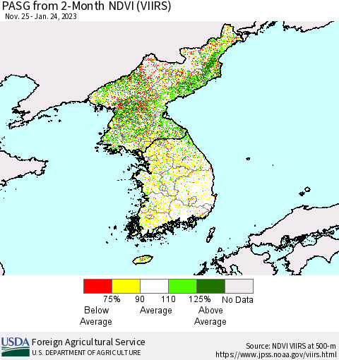 Korea PASG from 2-Month NDVI (VIIRS) Thematic Map For 1/21/2023 - 1/31/2023