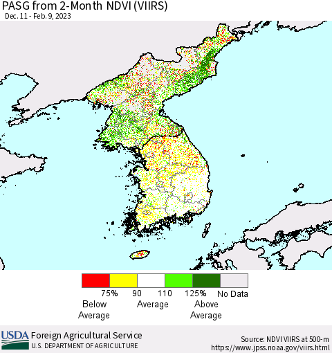Korea PASG from 2-Month NDVI (VIIRS) Thematic Map For 2/1/2023 - 2/10/2023