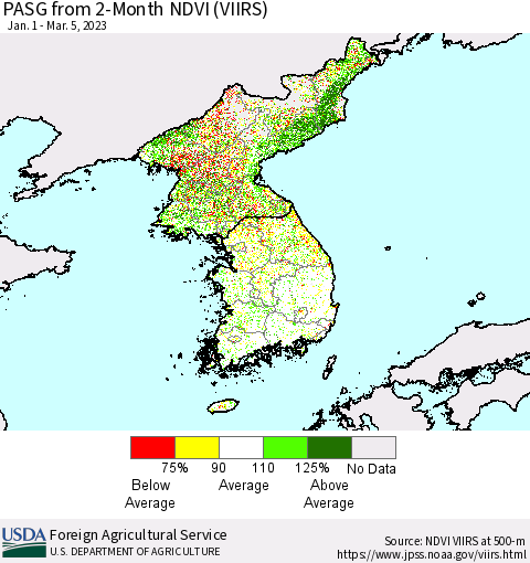 Korea PASG from 2-Month NDVI (VIIRS) Thematic Map For 3/1/2023 - 3/10/2023