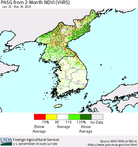 Korea PASG from 2-Month NDVI (VIIRS) Thematic Map For 3/21/2023 - 3/31/2023
