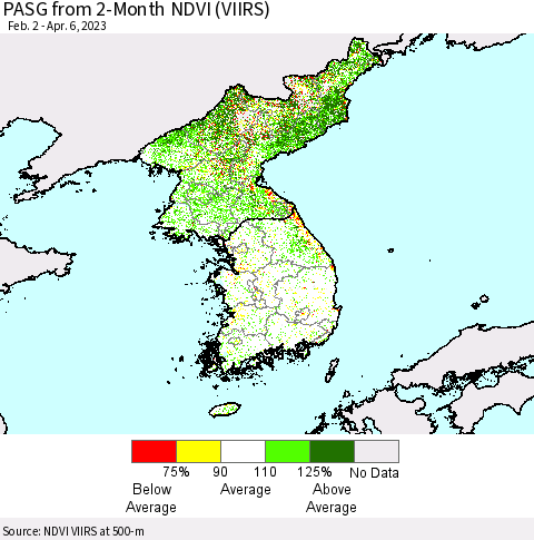 Korea PASG from 2-Month NDVI (VIIRS) Thematic Map For 3/30/2023 - 4/6/2023