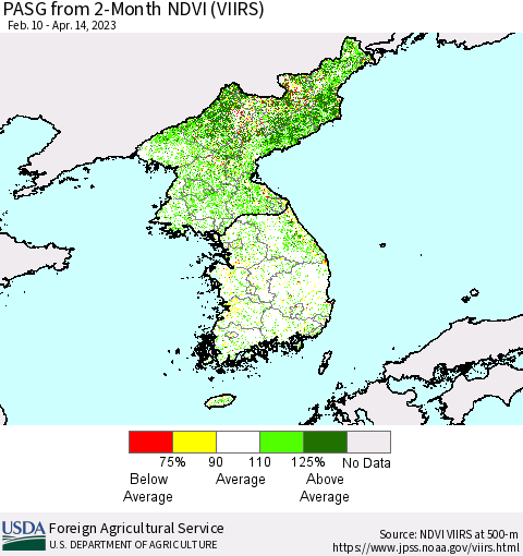 Korea PASG from 2-Month NDVI (VIIRS) Thematic Map For 4/11/2023 - 4/20/2023