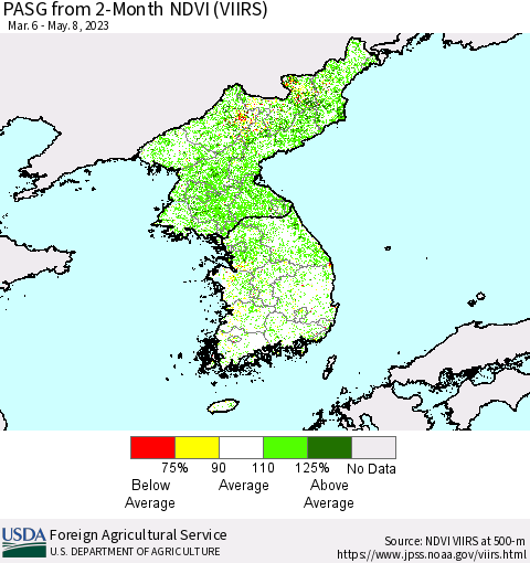 Korea PASG from 2-Month NDVI (VIIRS) Thematic Map For 5/1/2023 - 5/10/2023