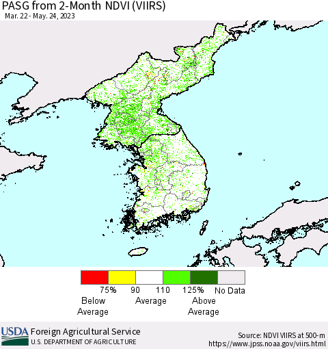 Korea PASG from 2-Month NDVI (VIIRS) Thematic Map For 5/21/2023 - 5/31/2023