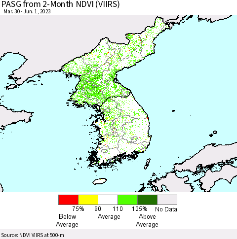 Korea PASG from 2-Month NDVI (VIIRS) Thematic Map For 5/25/2023 - 6/1/2023