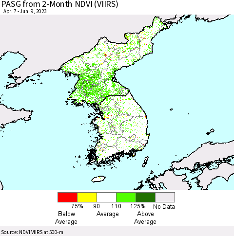 Korea PASG from 2-Month NDVI (VIIRS) Thematic Map For 6/2/2023 - 6/9/2023