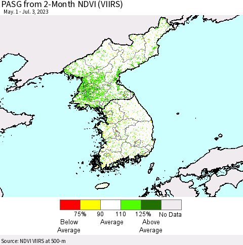 Korea PASG from 2-Month NDVI (VIIRS) Thematic Map For 6/26/2023 - 7/3/2023