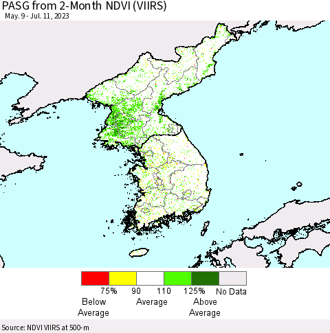 Korea PASG from 2-Month NDVI (VIIRS) Thematic Map For 7/4/2023 - 7/11/2023