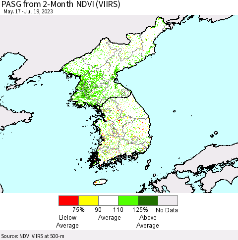 Korea PASG from 2-Month NDVI (VIIRS) Thematic Map For 7/12/2023 - 7/19/2023