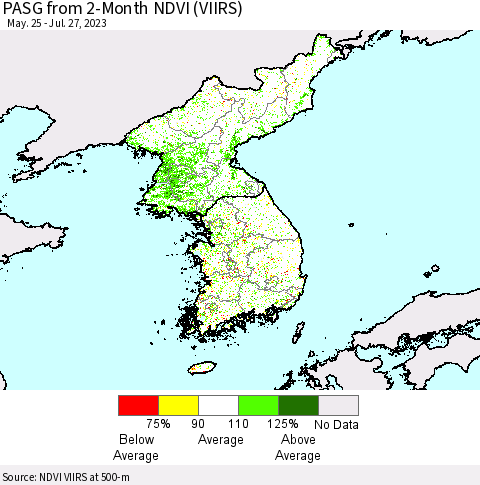 Korea PASG from 2-Month NDVI (VIIRS) Thematic Map For 7/20/2023 - 7/27/2023