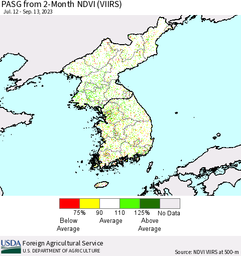 Korea PASG from 2-Month NDVI (VIIRS) Thematic Map For 9/11/2023 - 9/20/2023