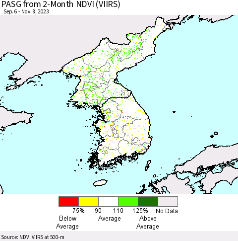 Korea PASG from 2-Month NDVI (VIIRS) Thematic Map For 11/1/2023 - 11/8/2023