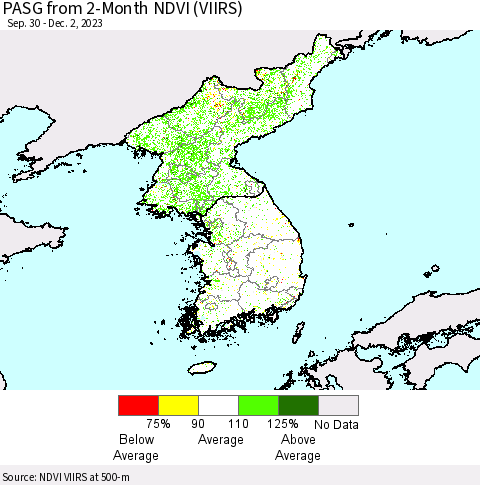 Korea PASG from 2-Month NDVI (VIIRS) Thematic Map For 11/25/2023 - 12/2/2023