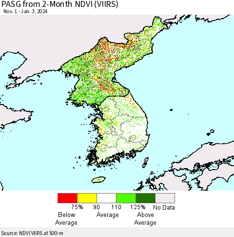 Korea PASG from 2-Month NDVI (VIIRS) Thematic Map For 12/27/2023 - 1/3/2024